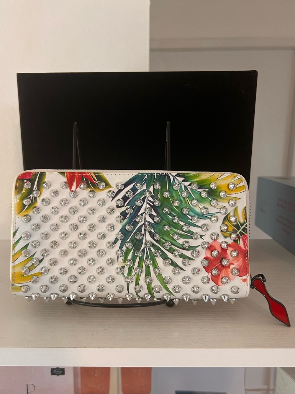 NWOT Louboutin Panettone Floral Studded Wallet Calfskin White and Red